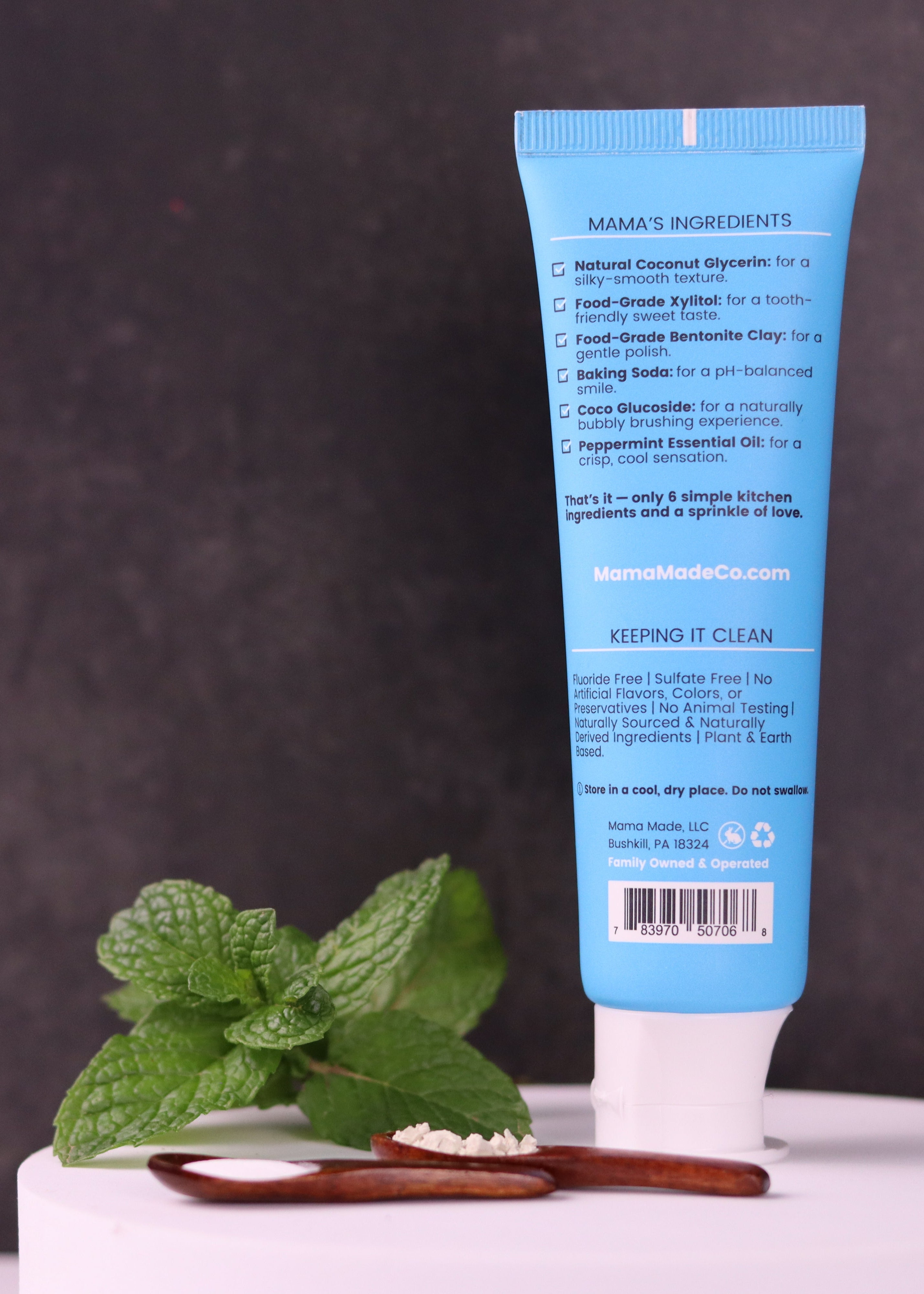 Back tube of Mama Made 100% Natural Bentonite Clay Toothpaste Fluoride-free