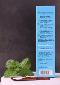 Back of box of Mama Made 100% Natural Bentonite Clay Toothpaste Fluoride-free