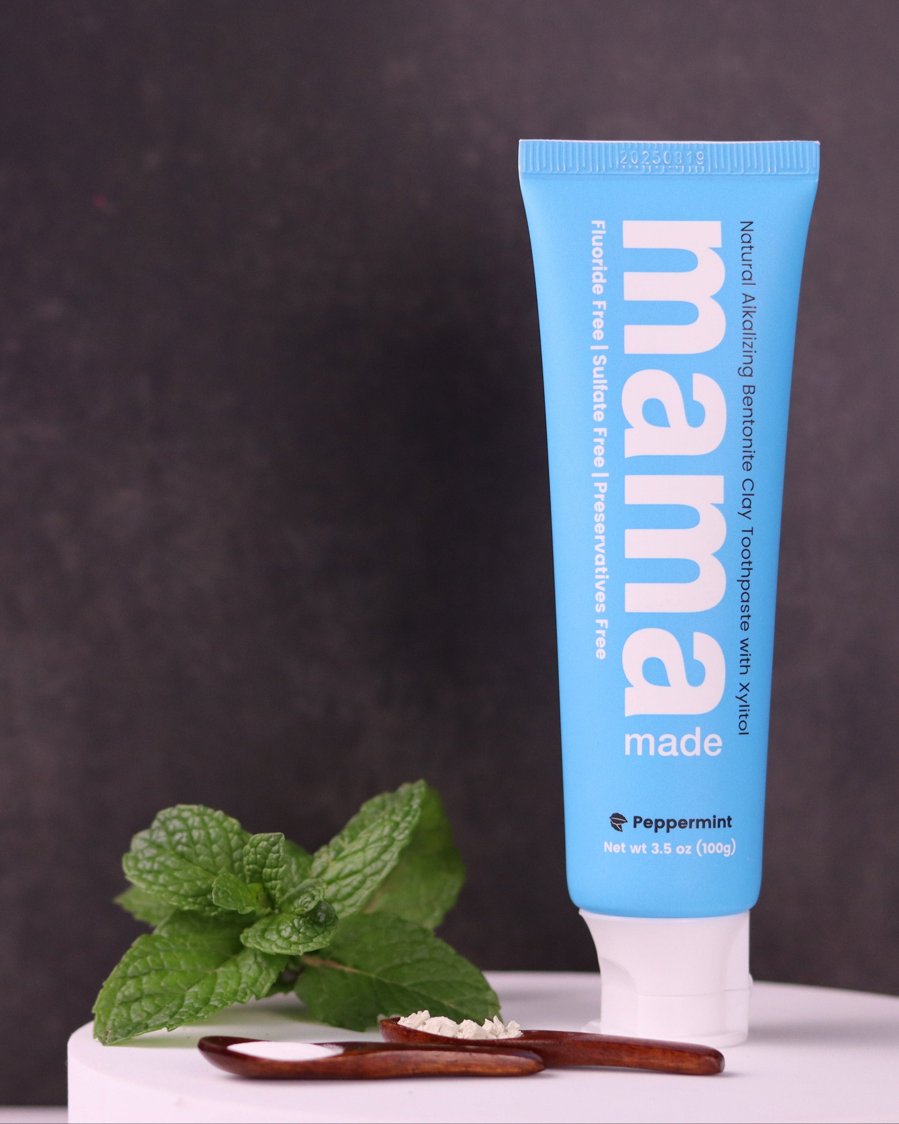 Front view tube of Mama Made 100% Natural Bentonite Clay Toothpaste Fluoride-free